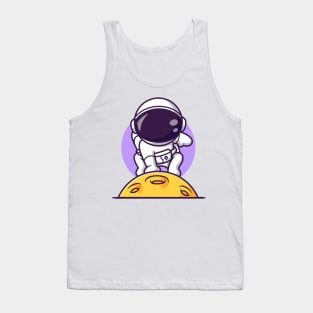 Cute Astronaut Landing On The Moon Cartoon Tank Top